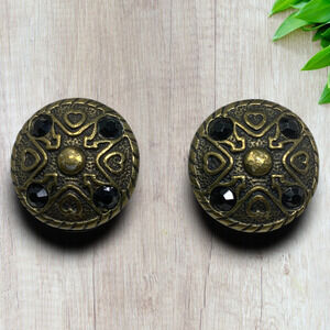 Vintage 1980s Brass Black Crystal Petite Button Earrings Clip On Runway Couture